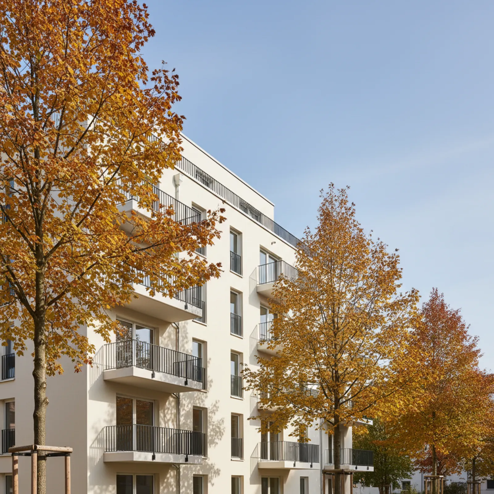 Heller Wohnneubau mit Balkonen zwischen Herbstb&auml;umen